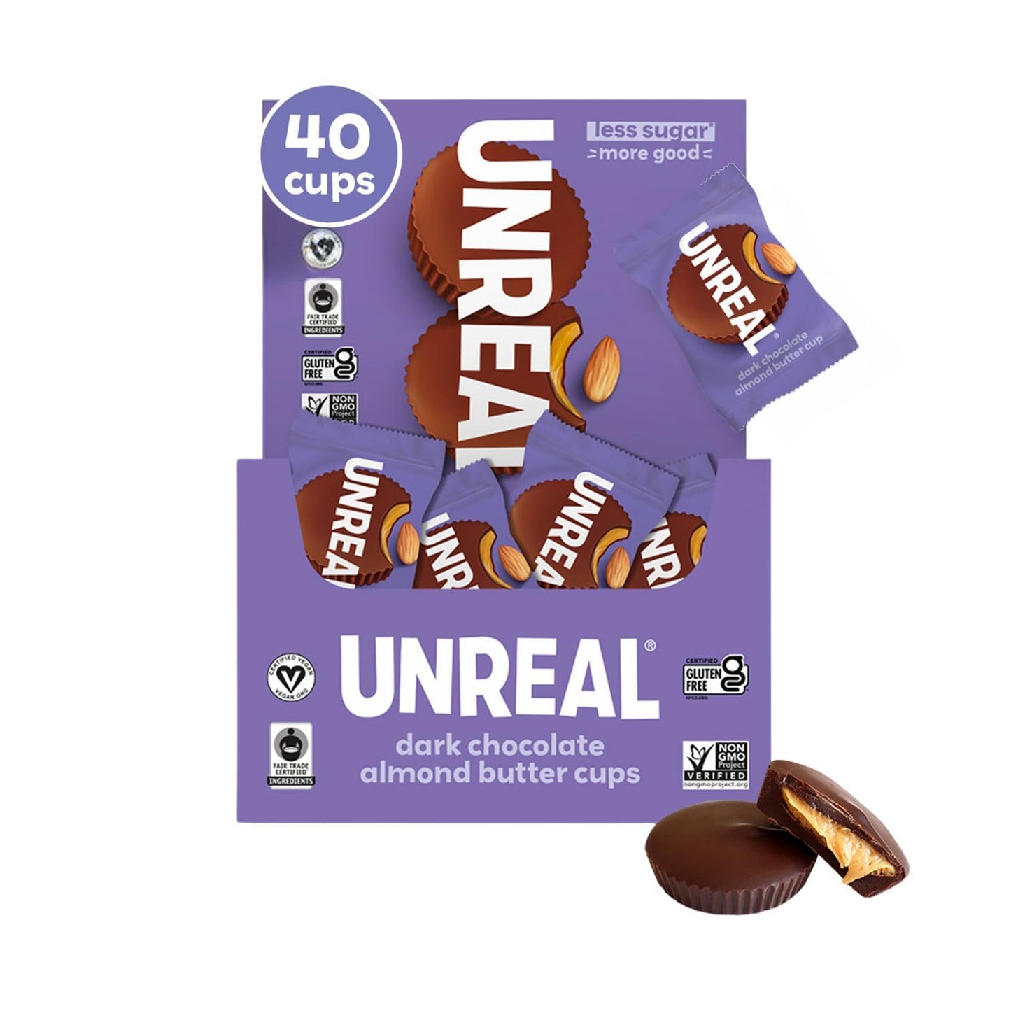 UNREAL Dark Chocolate Almond Butter Cups, 5g sugar, gluten-free, no sugar alcohols or soy