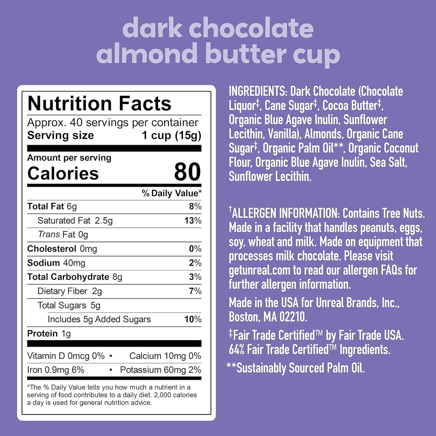 UNREAL Dark Chocolate Almond Butter Cups, 5g sugar, gluten-free, no sugar alcohols or soy